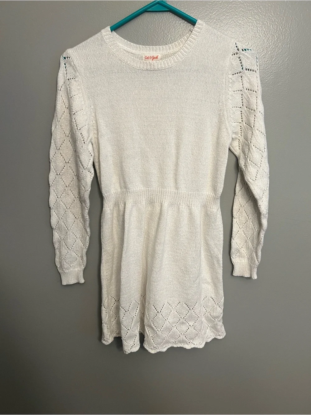 Cat & Jack Cream Knit Diamond-Stitch Long Sleeve Dress